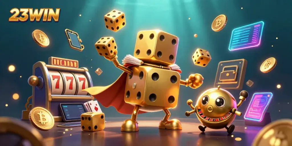 Engage with immersive gameplay at 23WIN, featuring a lively casino scene with animated characters and vibrant game elements.