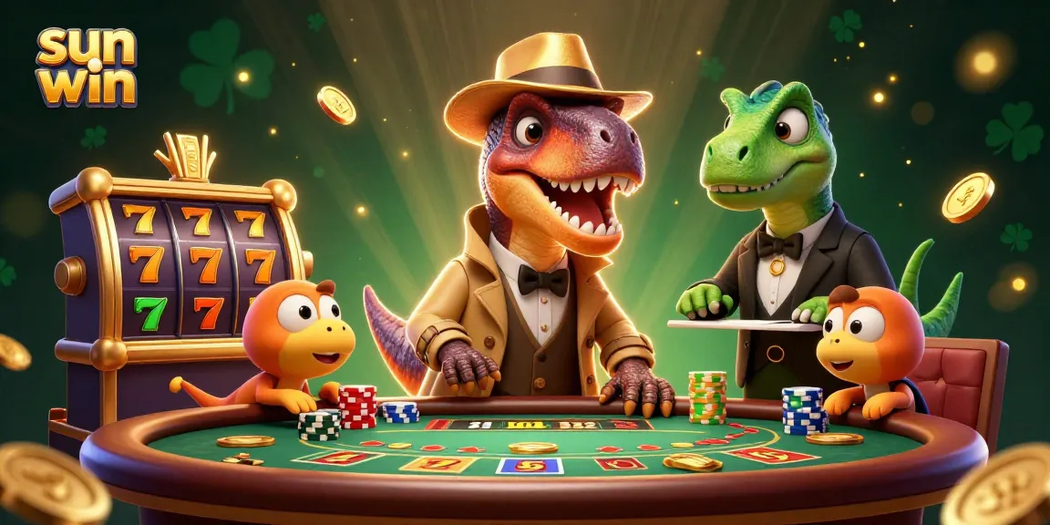 Catch the action at sun win with a velociraptor card counter amidst vibrant casino games and lively elements.