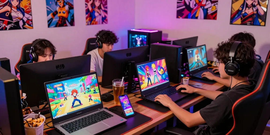 Players enjoying ecchi games online in a vibrant gaming setup with snacks and colorful graphics.