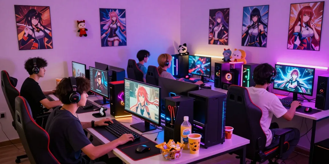 Gamers enjoying an ecchi game session surrounded by vibrant decor and gaming gear.