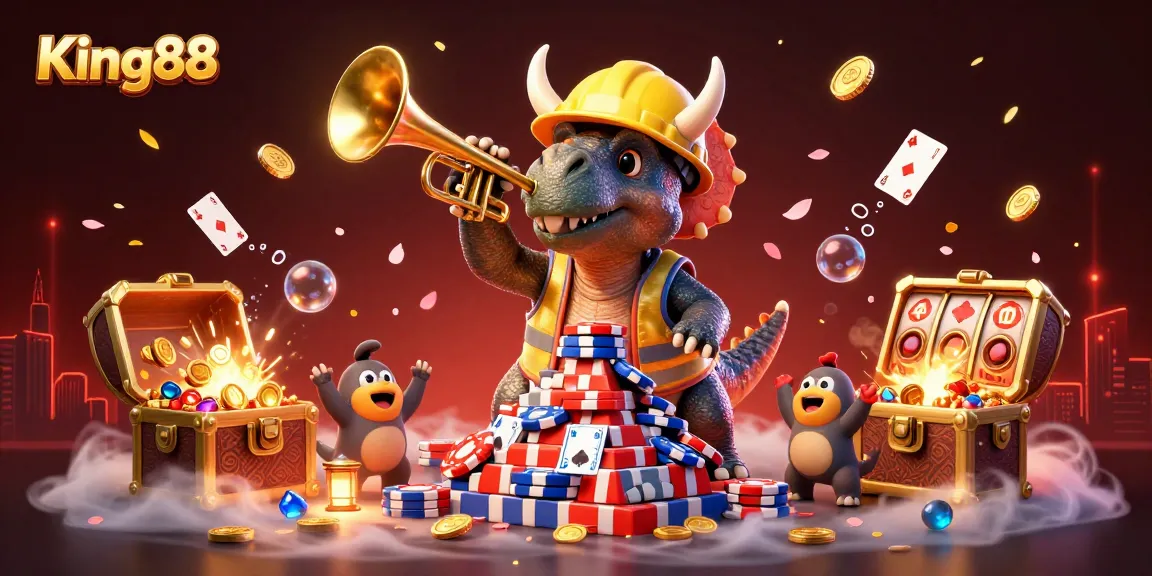 Experience King88's vibrant casino atmosphere with cheerful characters celebrating a jackpot in a dynamic 3D scene.