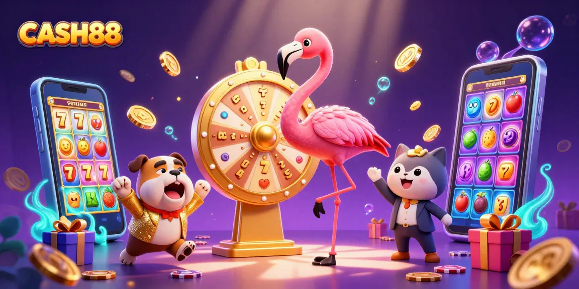 CASH88 gaming experience featuring a flamingo game show host and a bulldog contestant amidst vibrant casino elements.