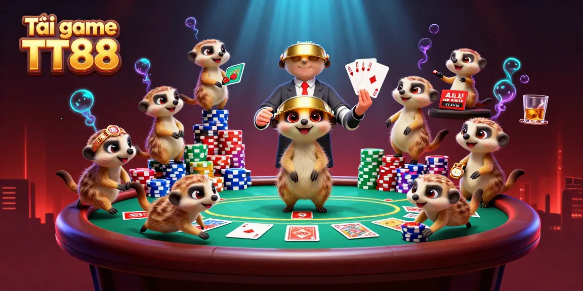 Tải game TT88 to experience a vibrant casino scene with playful meerkats managing the excitement of gaming.