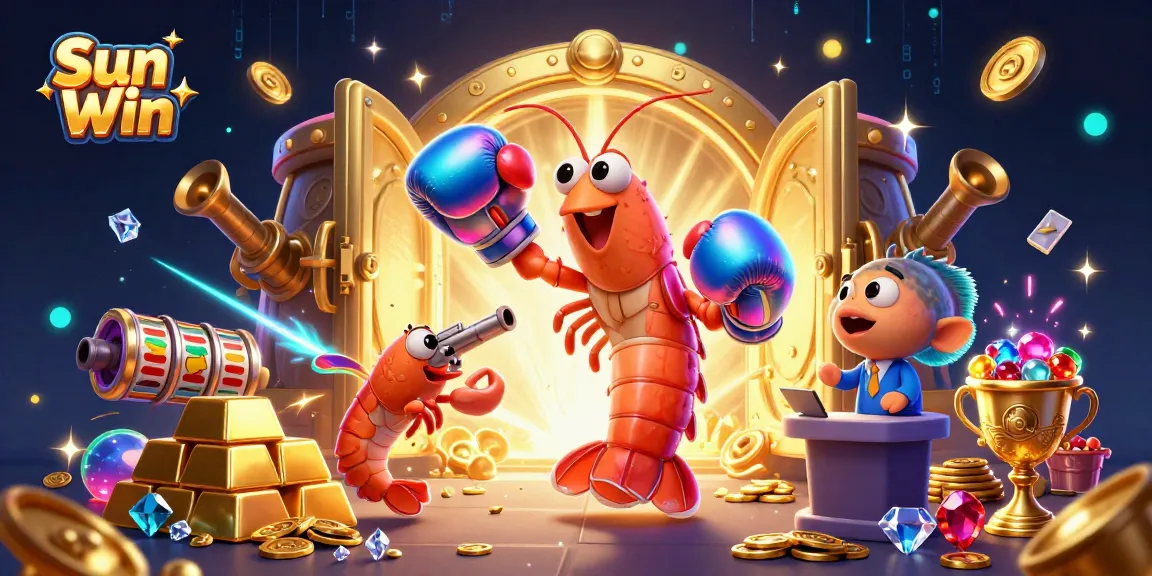 Sun Win gaming characters celebrate winning with vibrant treasure elements in a dynamic casino scene.
