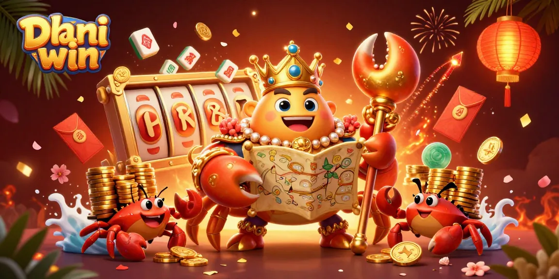 Dhani win offers thrilling game experiences with a dynamic illustration showcasing a golden crab emperor amidst festive gambling elements.