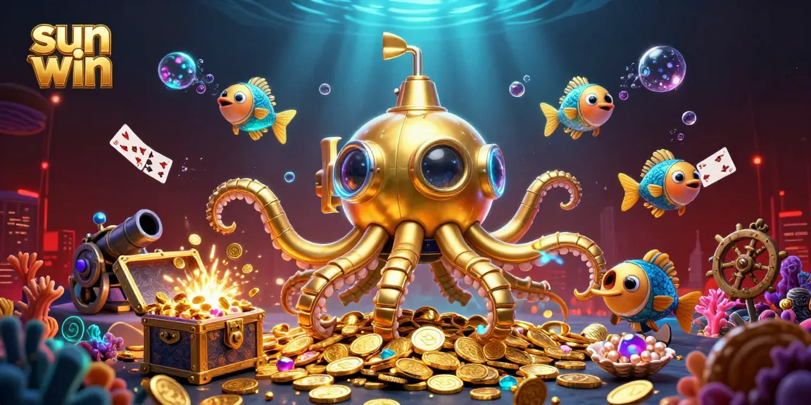 Experience thrilling gameplay at sun win with a vibrant underwater scene featuring a golden kraken and treasures.