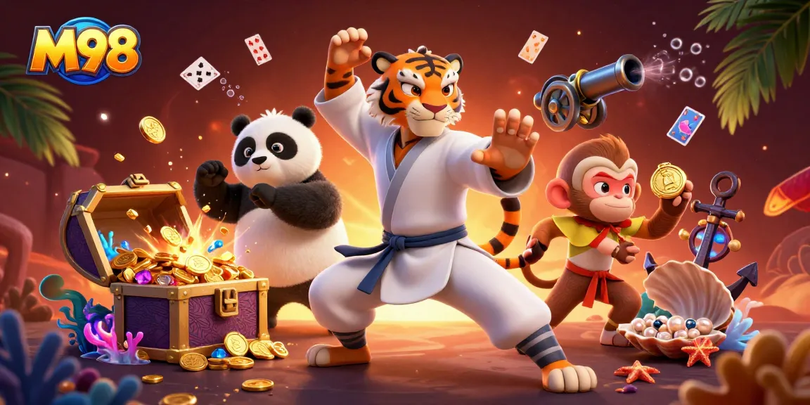 M98 offers a dynamic gambling visual with characters and casino elements in an engaging 3D scene.