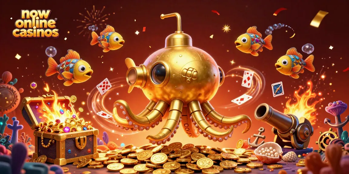 Engage in exciting new online casinos with vibrant 3D golden kraken and mechanical fish amidst treasures.