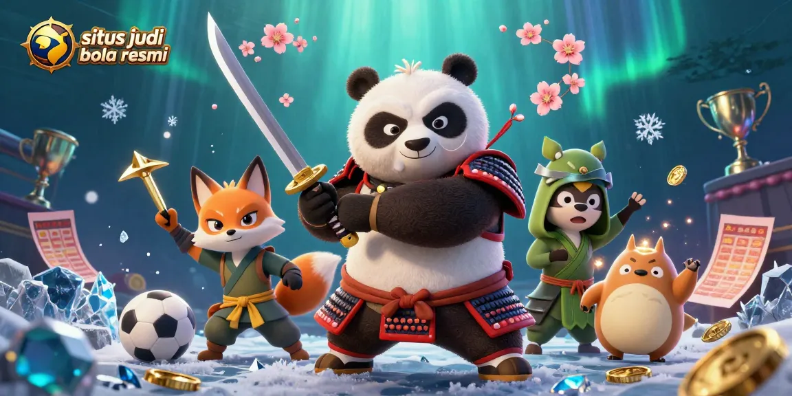 Engage in thrilling bets at situs judi bola resmi with samurai panda and ninja fox amidst vibrant sports betting elements.