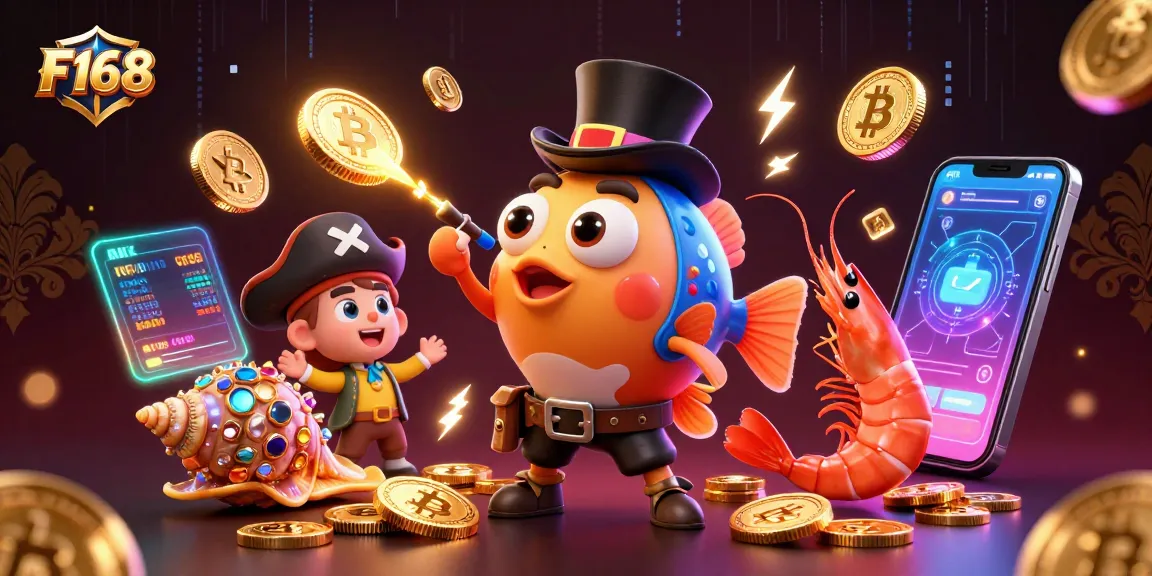 Spin to win with F168 as the anglerfish attracts golden coins in a vibrant casino scene.