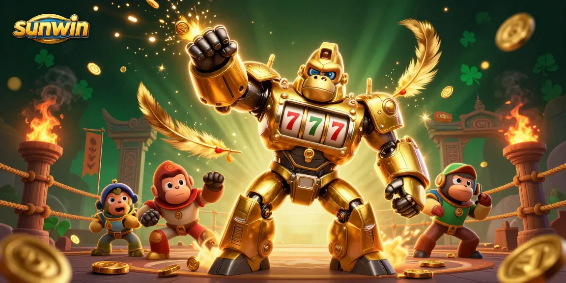 Experience winning action at sunwin with dynamic golden gorilla mech and casino elements in 3D.