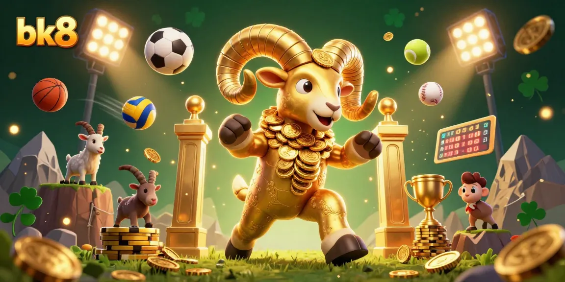 Bet on bk8 with a dynamic scene showcasing a golden ram charging through a gaming environment filled with sports elements.
