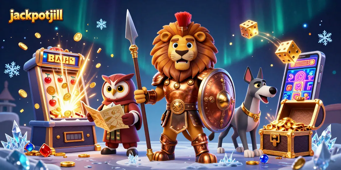 Spartan lion leads jackpotjill’s dynamic scene with explosive coins, lucky symbols, and gaming elements.